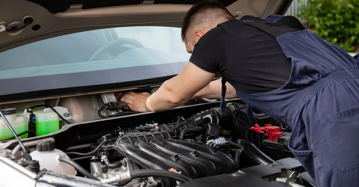 Neutrales Tätigkeitsmotiv eines Mechanikers bei der Arbeit im Motorraum